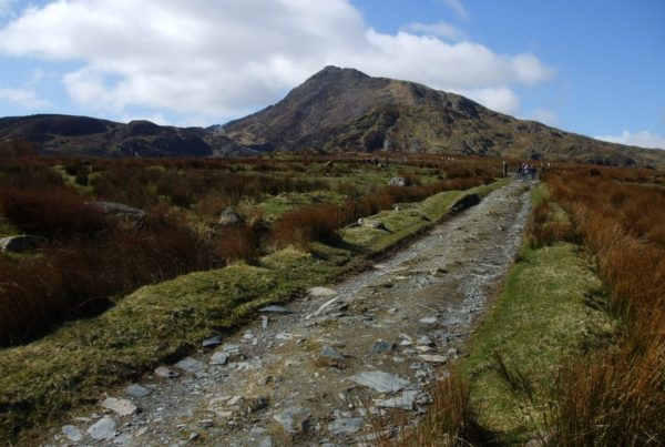 Path to Moel Siabod with hikers in the background, near Snowdon in North Wales, with Lodge Dinorwig as a cosy base for outdoor adventures.