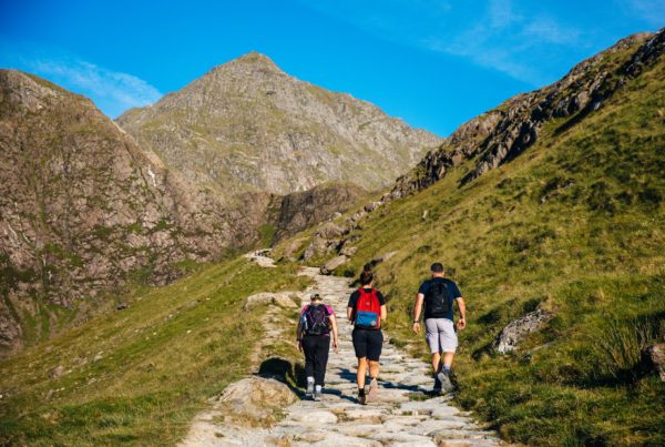 Three hikers making their way toward Snowdon with the summit visible in the background, near Lodge Dinorwig in Snowdonia.